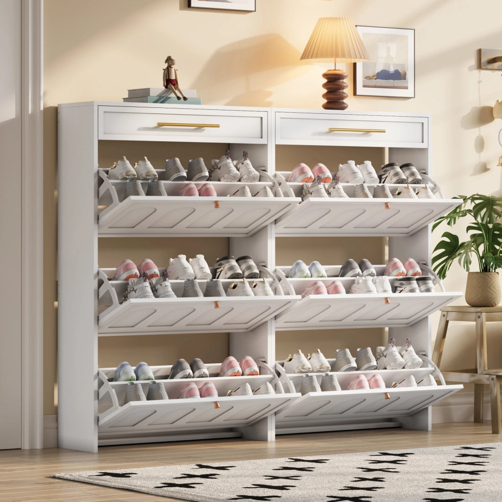 Scarpiera moderna bianca 140x25x123;5 cm in MDF con 12 ripiani aperti e 2 cassetti