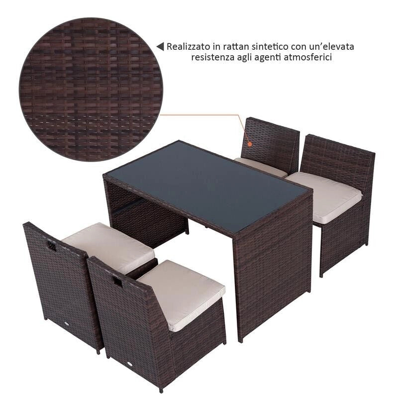 SET MOBILI DA GIARDINO IN RATTAN 5PZ TAVOLO PRANZO 4 SEDIE CON CUSCINI