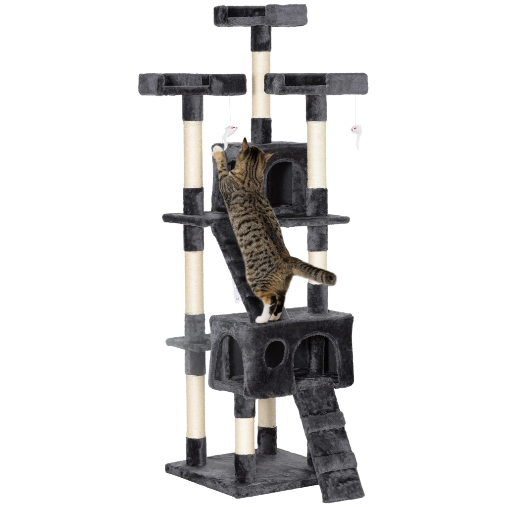 Tiragraffi per Gatti con 3 Posatoi e 2 Casette ¨C Xylo ¨C Legno e Peluche 49x49x173cm Grigio