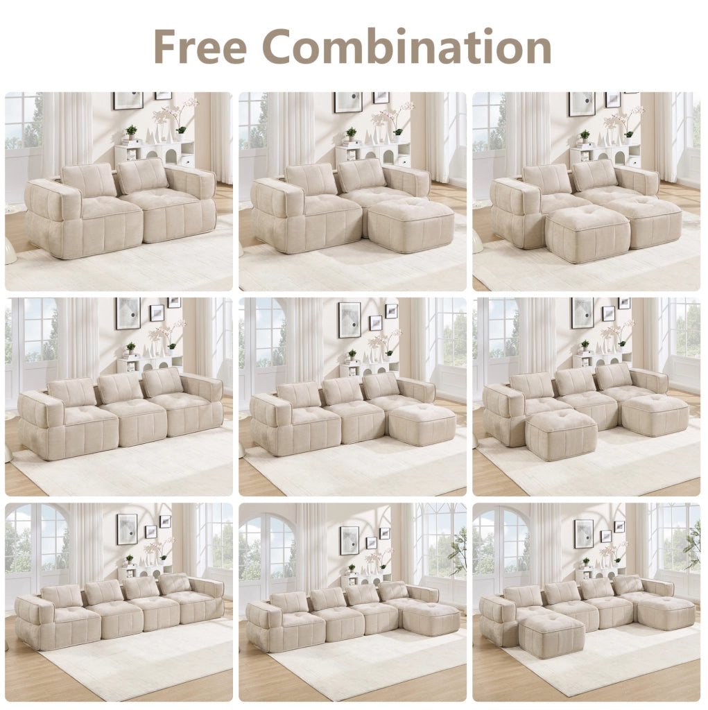 Divano modulare senza struttura 4 posti in poliestere beige; 344 x 93 x 67 cm