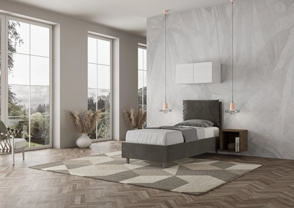 BS COM Letto singolo contenitore imbottito 80x200 microfibra grigio