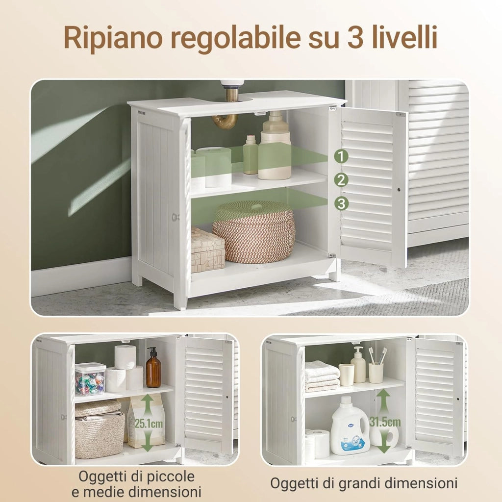 Mobile Bagno Sottolavabo - Mobiletto Bagno Salvaspazio con Mensole Regolabili, Mobile Lavabo in MDF, Antimuffa con Porta a Lamelle, per lavabo a muro, Bianco, 60x58x35cm, FRG237-W