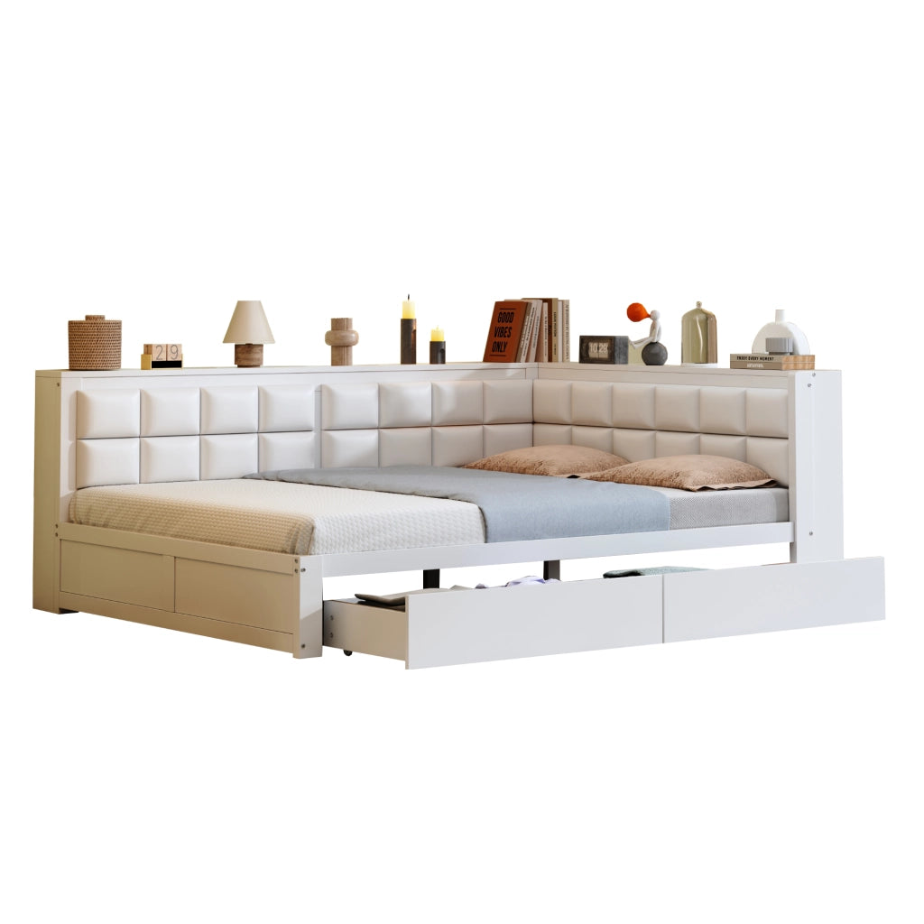 DESMIU Letto a banquette 140 × 200 cm 2 posti con 2 cassetti, schienale imbottito, senza materasso, in legno, bianco