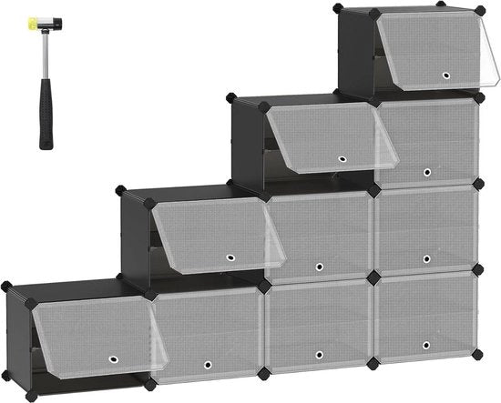 Rack per scarpe 10 cassettoni stretto con porte - telaio in acciaio - nero - per ingresso e camera da letto
