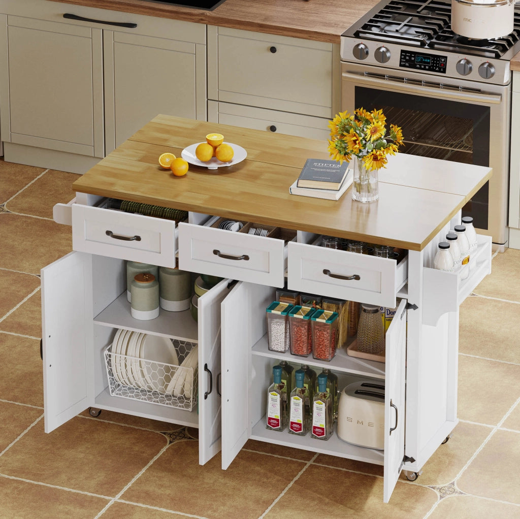 Isola da cucina con piano ribaltabile 140x43(70)x90;5 cm in MDF bianco e naturale