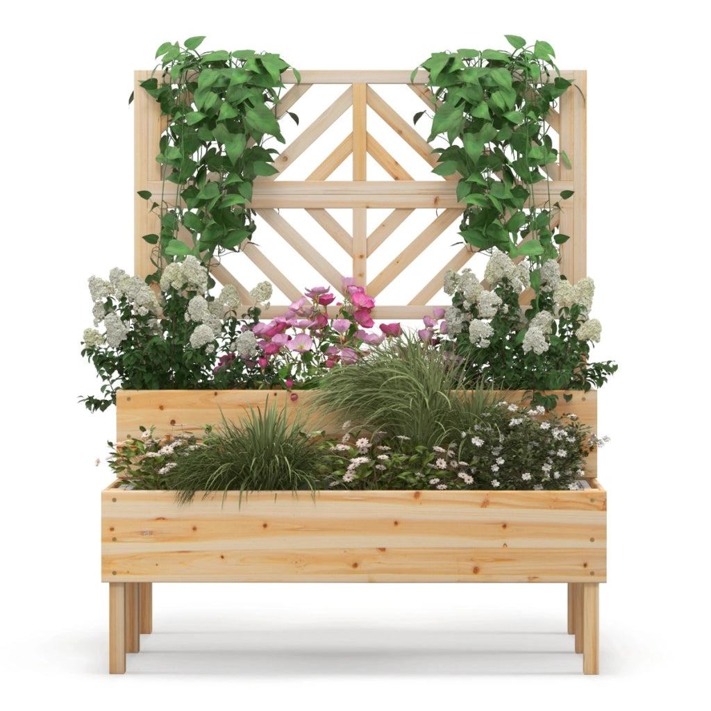 Cassetta da giardino rialzata a 2 livelli con trellis gambe foro di drenaggio, Contenitore per piante da patio-Fioriere