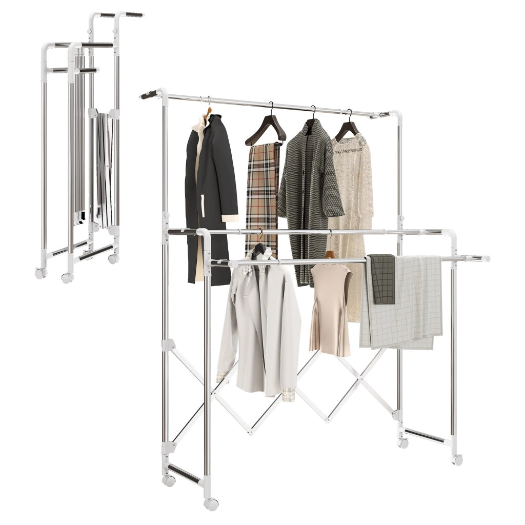 Stendibiancheria pieghevole a 3 sbarre regolabili ¨C zephmum ¨C Argento 104-150x103x145-197 cm
