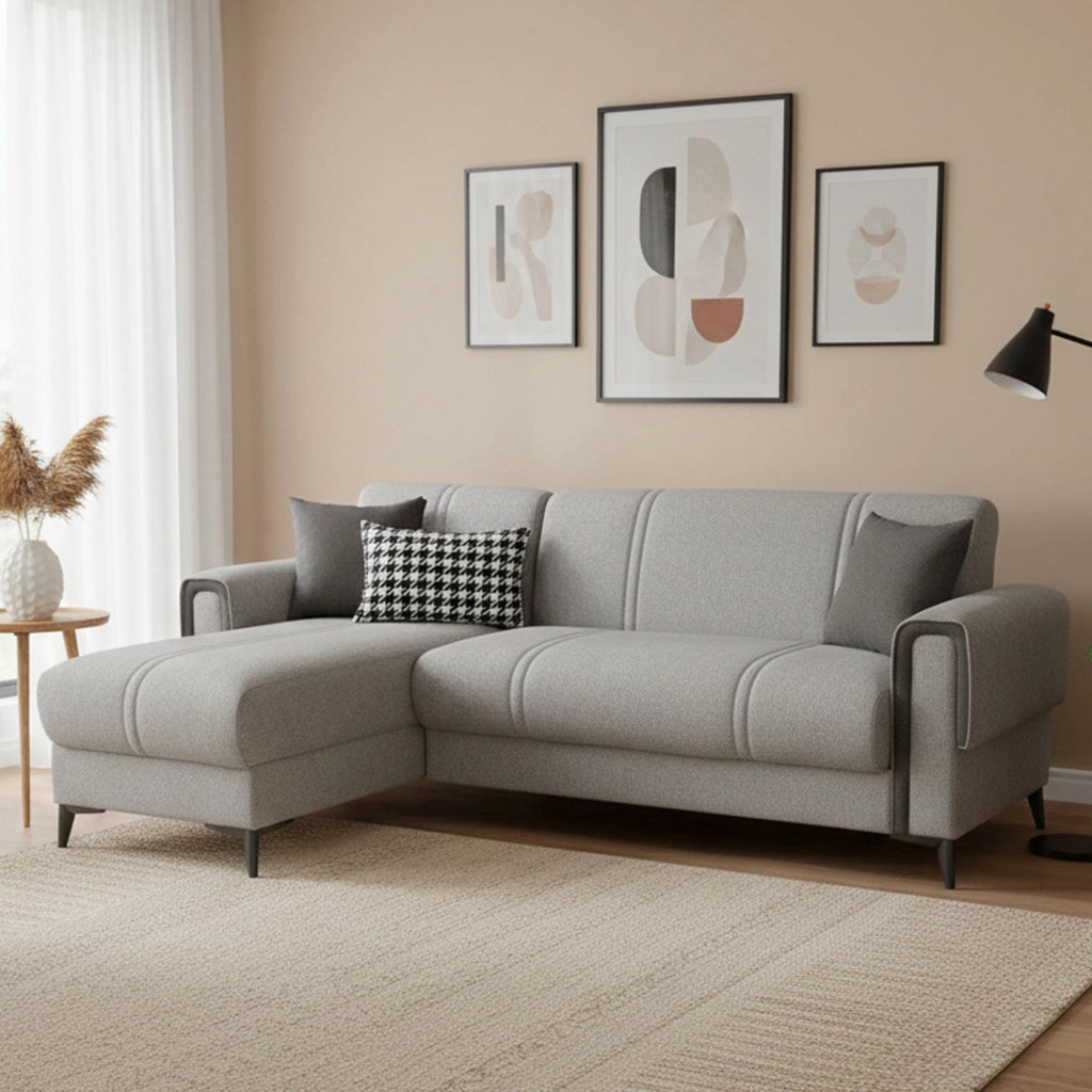 Ogna, Divano Letto con Penisola Contenitore, 238x158 cm Grigio Chiaro