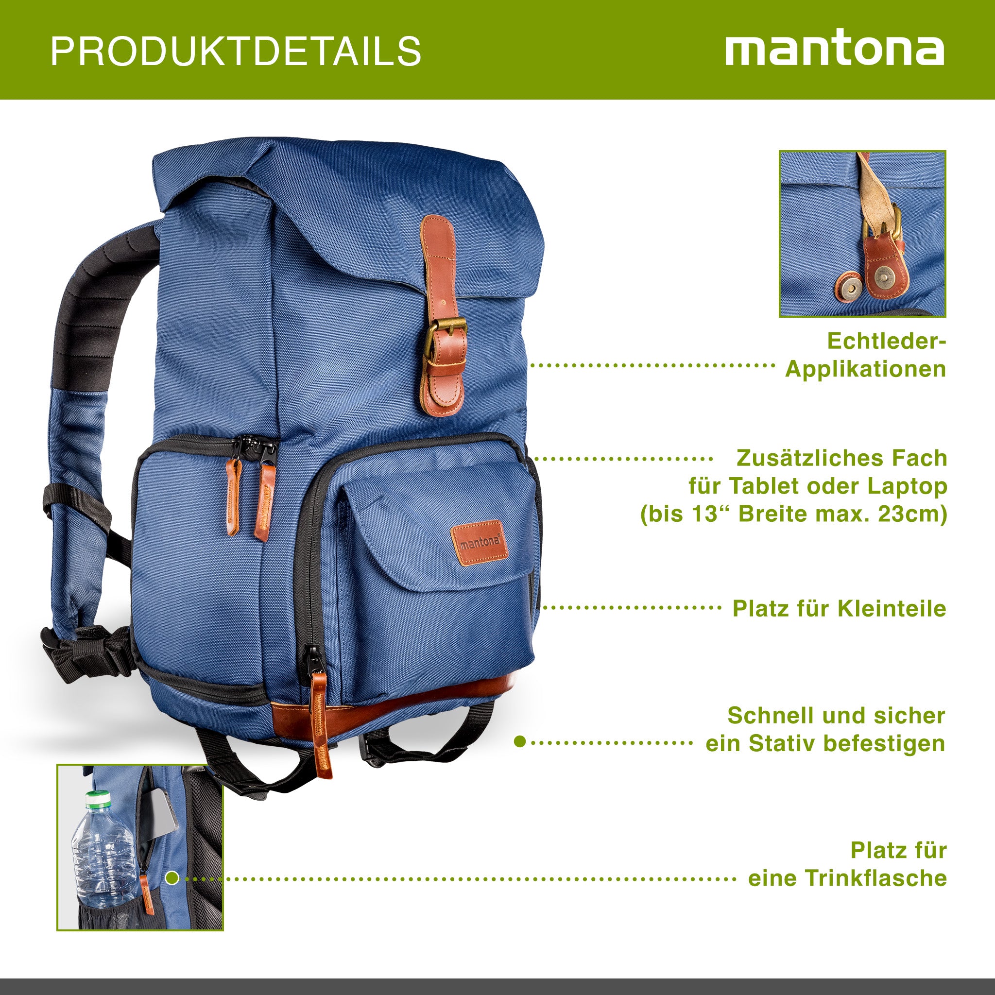 Mantona Luis junior Retro Zaino fotografico blu, per fotocamera con copertura antipioggia, borsa fotografica con scomparto per laptop, DSLR, 3 obiettivi e accessori fotografici