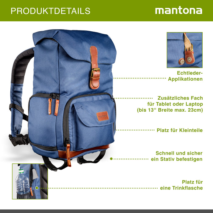 Mantona Luis junior Retro Zaino fotografico blu, per fotocamera con copertura antipioggia, borsa fotografica con scomparto per laptop, DSLR, 3 obiettivi e accessori fotografici