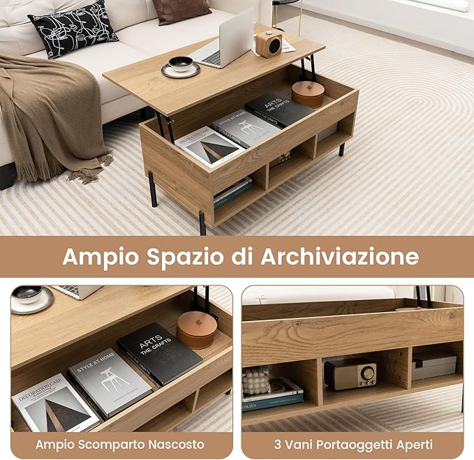 Tavolino da Caffè Sollevabile, Tavolo da Salotto con Piano Sollevabile, Ampio Comparto Nascosto e 3 Scomparti Aperti, Tavolo da Cocktail con Gambe in Metallo