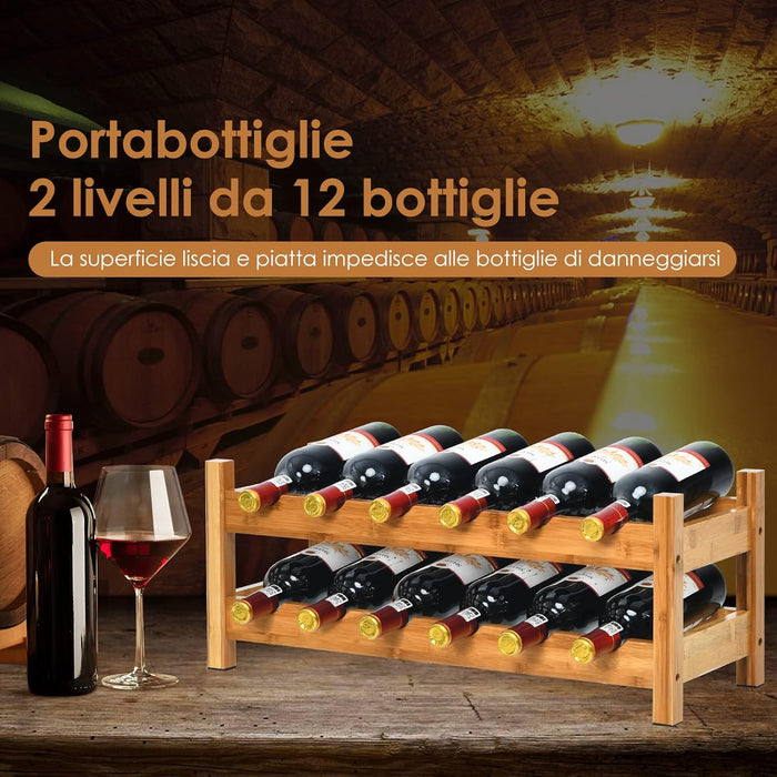 Scaffale per Vino con 2 Livelli di Bambù, Organizer Vini per 12 Bottiglie, Espositore Vini Salva Spazio, Catinetta Portabottiglie, 62 x 24 x 25 cm (Naturale)
