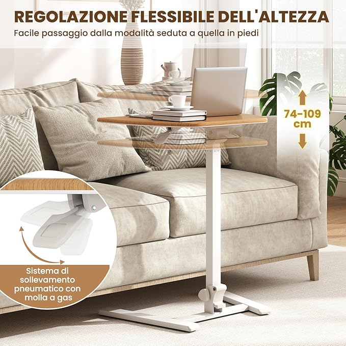 Tavolino da Letto e Divano, Tavolino Pieghevole e Regolabile in Altezza con Ruote e Piano Inclinabile a 90°, Mobile Multifunzionale e Portatile per Lavorare e Mangiare da Casa e Ufficio