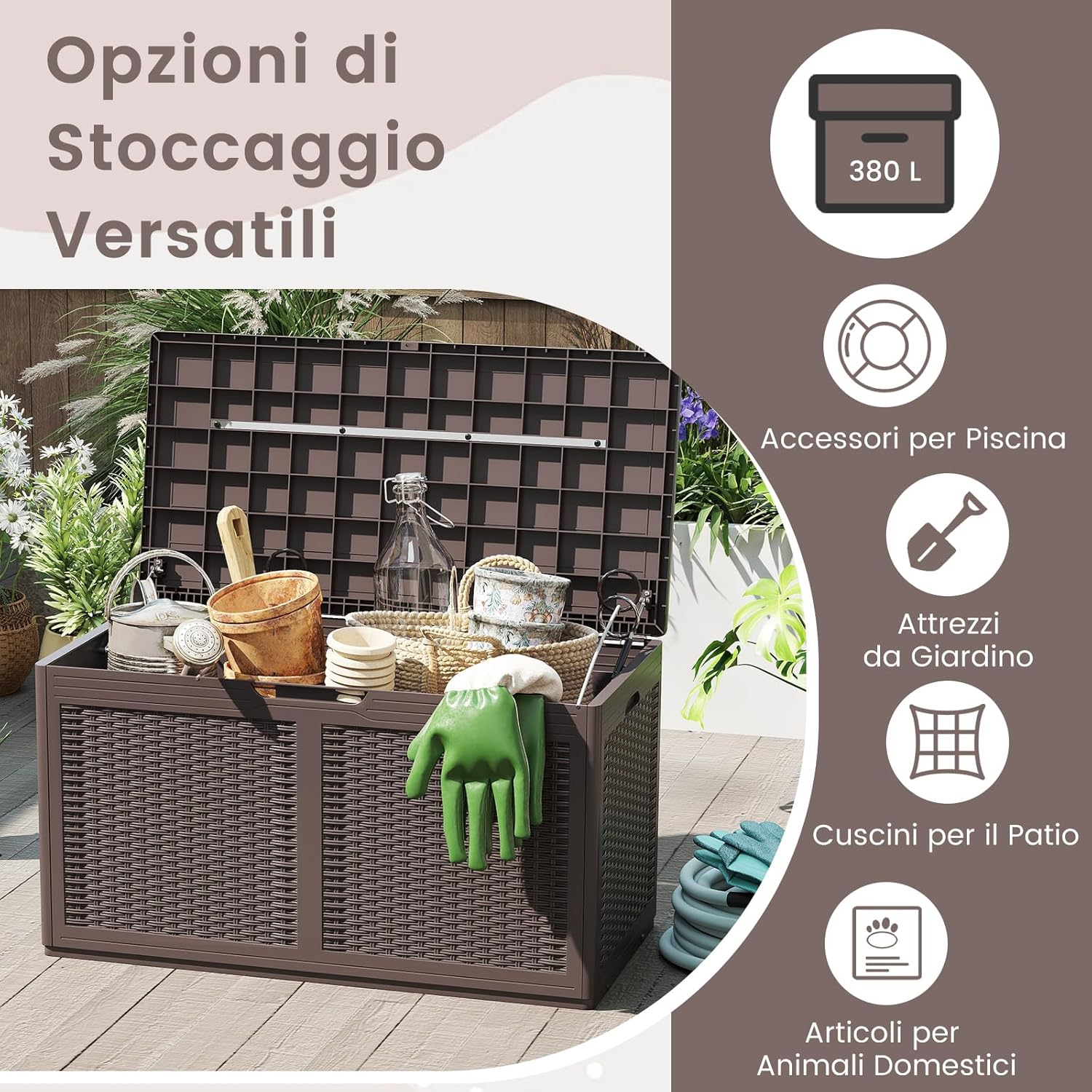 Baule da Esterno 380 L Impermeabile, Cassapanca Contenitore in Rattan con Coperchio Bloccabile e Ruote, Baule Salvaspazio per Mantenere Cuscini e Attrezzi da Interno e Esterno (Marrone)
