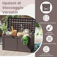 Baule da Esterno 380 L Impermeabile, Cassapanca Contenitore in Rattan con Coperchio Bloccabile e Ruote, Baule Salvaspazio per Mantenere Cuscini e Attrezzi da Interno e Esterno (Marrone)
