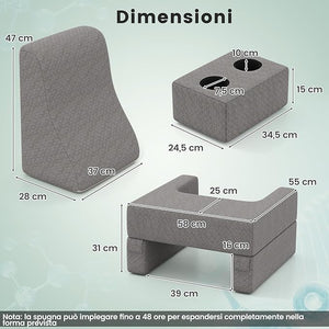 Set di 3 Cuscini da Lettura, Cuscino per Leggere con Tasca Laterale Portabicchieri e Cuscino a Cuneo per Schiena con Appoggio, per Rissarsi Leggere e Giocare, Grigio