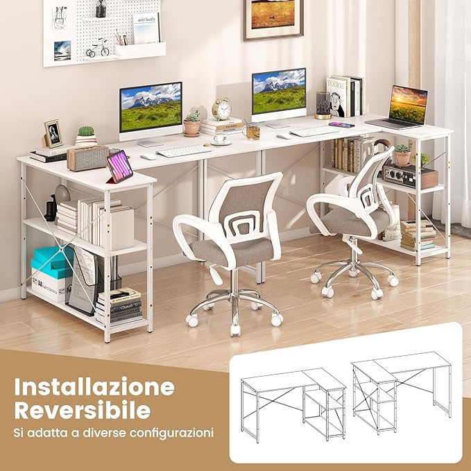 Scrivania Angolare a Forma di L, Scrivania ad Angolo Salvaspazio e Reversibile con Ripiano Regolabile e Struttura in Metallo Resistente, Tavolo per Ufficio e Casa (Bianco)