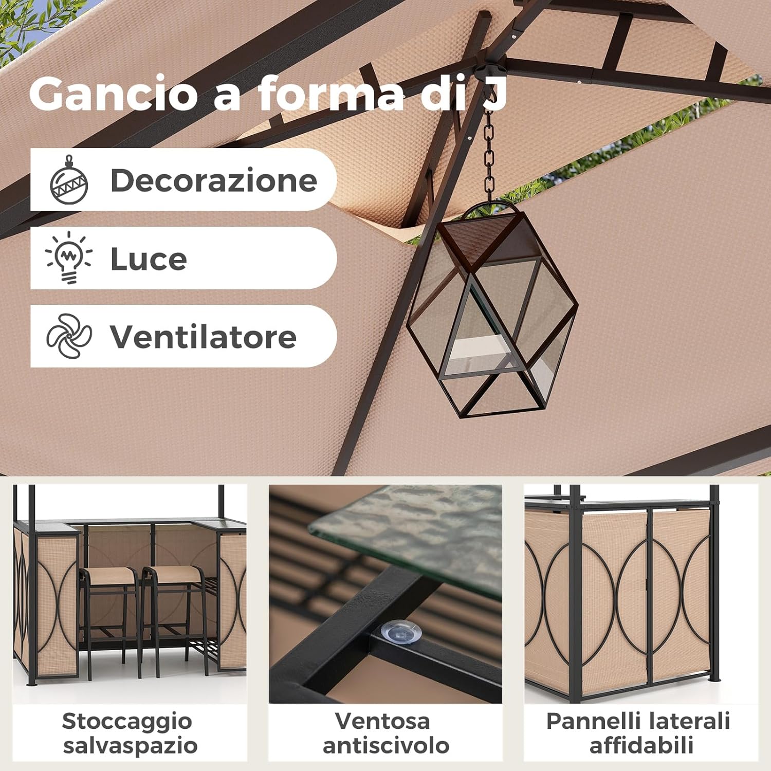 Set Bar da Patio a 3 Pezzi, Gazebo per Griglia e 2 Sgabelli da Bar con Tavolo in Vetro Temperato, Ripiani in Metallo, Portabicchieri, per Giardino Cortile e Spiaggia (Marrone)
