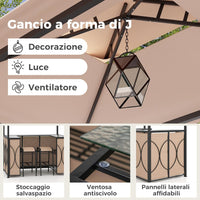 Set Bar da Patio a 3 Pezzi, Gazebo per Griglia e 2 Sgabelli da Bar con Tavolo in Vetro Temperato, Ripiani in Metallo, Portabicchieri, per Giardino Cortile e Spiaggia (Marrone)