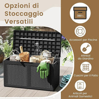 Baule da Esterno 380 L Impermeabile, Cassapanca Contenitore in Rattan con Coperchio Bloccabile e Ruote, Baule Salvaspazio per Mantenere Cuscini e Attrezzi da Interno e Esterno (Nero)