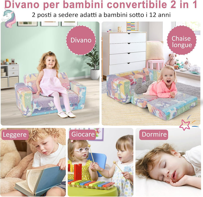 Divano Poltrona per Bambini 2 in 1 con Schienale Ribaltabile, Divano Multifunzionale per Bambini con Copertura in Flanella Rimovibile, per Bambini Sotto 12 Anni