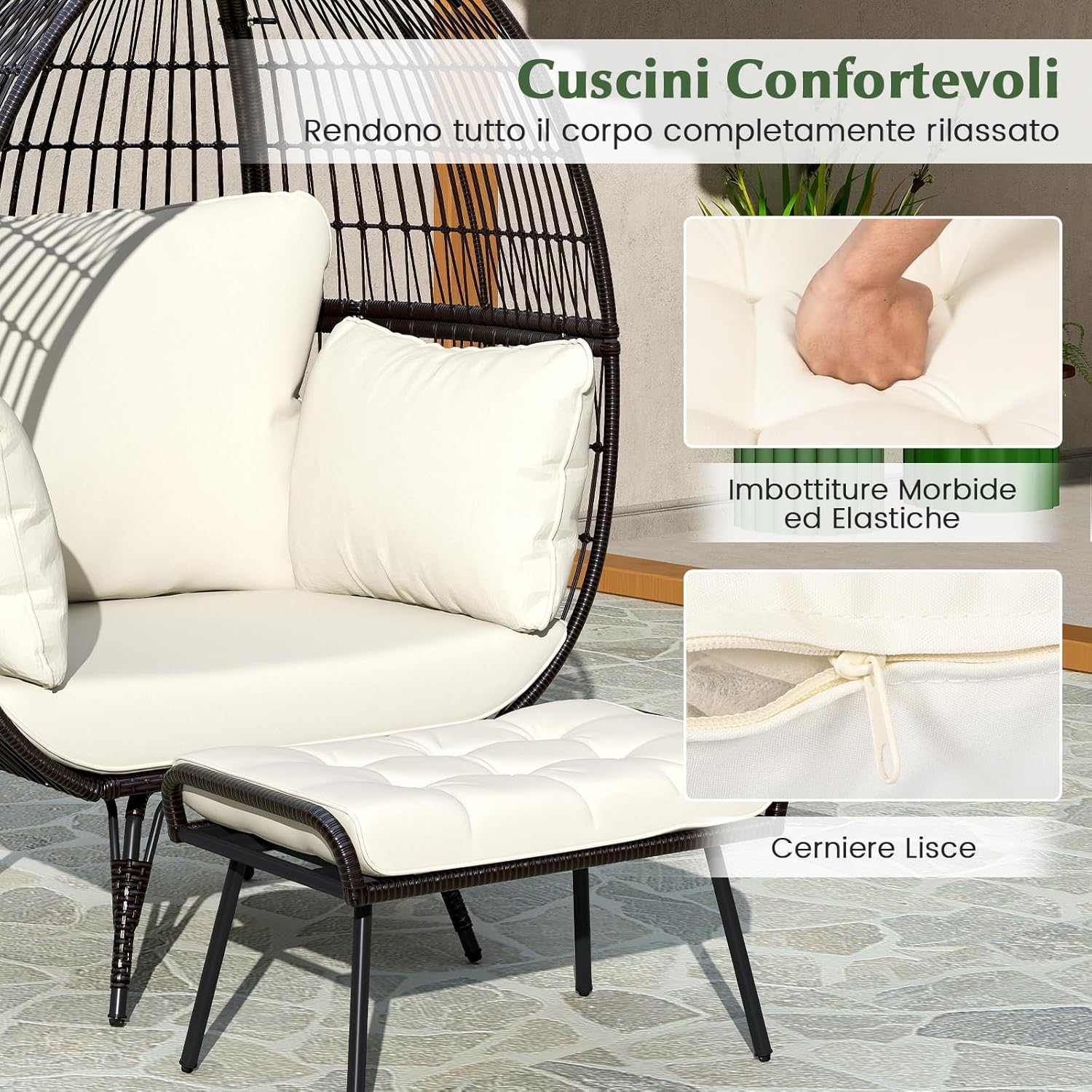 Sedia a Uovo con Poggiapiedi, Poltrona in Rattan con Struttura in Metallo e Cuscini Morbino, Portata 205 kg, Poltrona Relax per Soggiorno, Giardino, Patio e Terrazzo