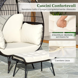 Sedia a Uovo con Poggiapiedi, Poltrona in Rattan con Struttura in Metallo e Cuscini Morbino, Portata 205 kg, Poltrona Relax per Soggiorno, Giardino, Patio e Terrazzo