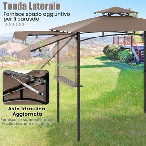 Gazebo per Barbecue, Pergola per BBQ con Tendalino Laterale, Tetto a 2 Livelli, 2 Ripiani Laterali, Ganci Appesi, Apribottiglie, per Giardino e Cortile, 318 x 153 x 250 cm (Marrone)