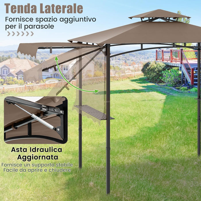 Gazebo per Barbecue, Pergola per BBQ con Tendalino Laterale, Tetto a 2 Livelli, 2 Ripiani Laterali, Ganci Appesi, Apribottiglie, per Giardino e Cortile, 318 x 153 x 250 cm (Marrone)