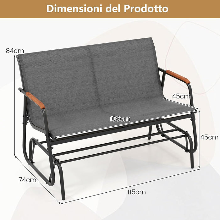 Panca a Dondolo da Esterno, Panchina a 2/3 Posti da Giardino con Movimento Oscillante, Braccioli Curvi in Legno, Sedia a Dondolo per Veranda, Giardino, Portata 300KG/450KG (2 Posti)