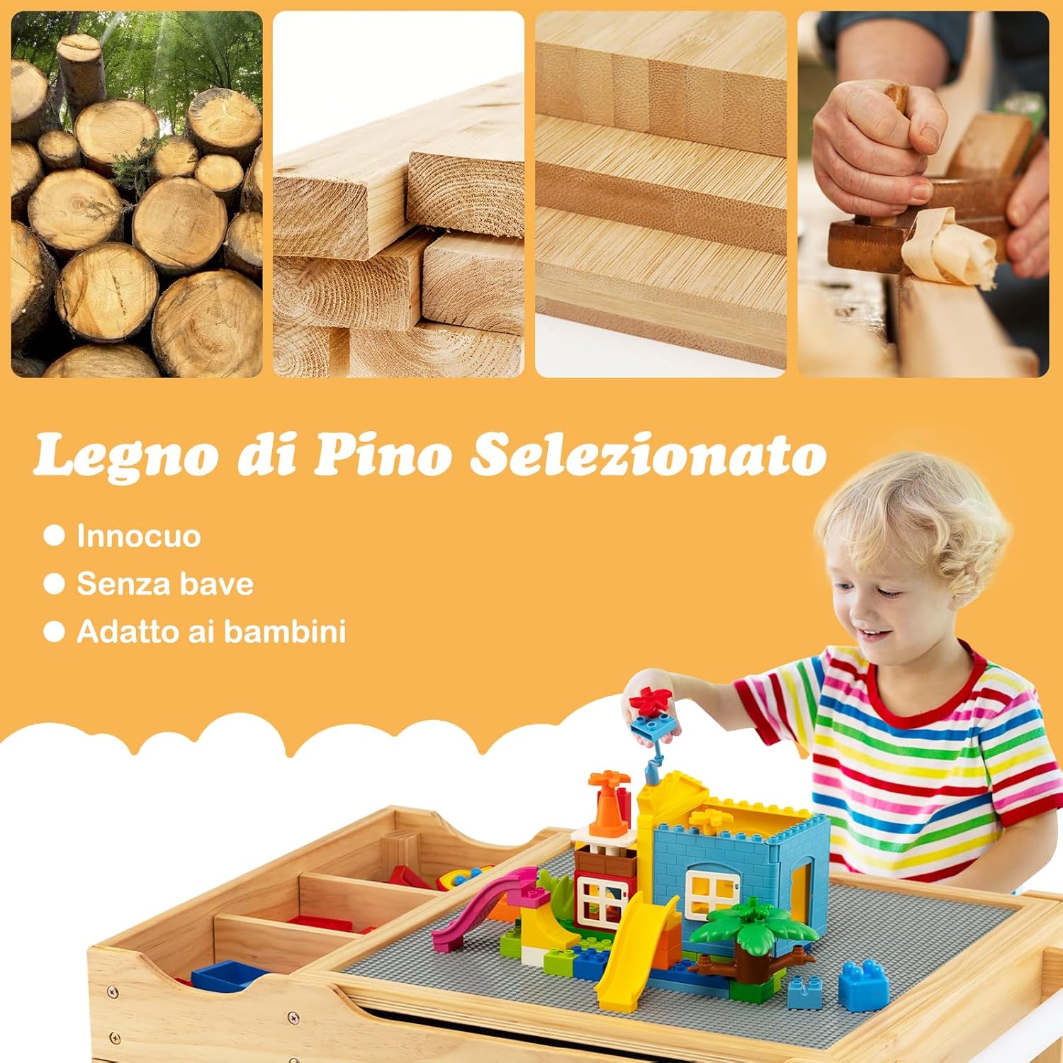 Tavolo da Gioco per Bambini in Legno con Piano Reversibile, Tavolo Multiattività Bambini 2 in 1, Porta Rotolo di Carta da Disegno, per Camera da Letto, Soggiorno (Naturale)