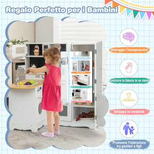 Cucina Giocattolo per Bambini, Cucina per Bambini in Legno con Lavello, Fornelli, Cappa, Telefono, Frigorifero, Lavatrice e Utensili da Cucina, 3 Anni+, Bianco
