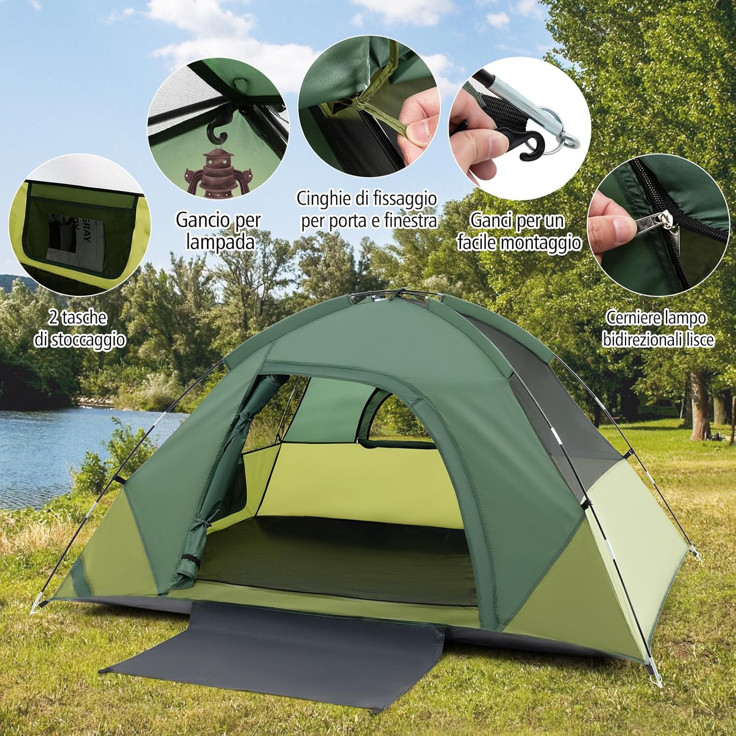 Tenda Impermeabile, Tenda Campeggio per 2 Personea, Tenda Cupola Ultraleggera Antivento, 4 Finestre a Rete, Tenda Zaino in Spalla Facile da Installare,Ideale per Campeggio, Verde