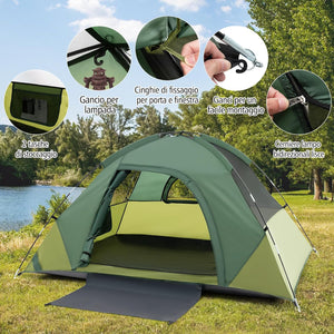 Tenda Impermeabile, Tenda Campeggio per 2 Personea, Tenda Cupola Ultraleggera Antivento, 4 Finestre a Rete, Tenda Zaino in Spalla Facile da Installare,Ideale per Campeggio, Verde