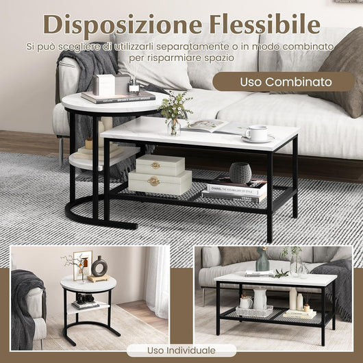 Set di Tavolini da Caffè Componibili, 2 in 1 Set di Tavoli Rimovibili con Piano in Marmo Sintetico, Tavolino Rotondo e Tavolino Rettangolare per Salotto e Camera da Letto (Nero)