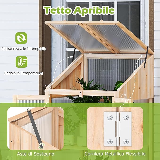 Serra da Balcone, Serra in Legno con Ripiano Fiori Rialzato, Tetto Trasparente Apribile, Porta Bloccabile e Ripiani Rimovibili, per Giardino e Cortile, 69 x 58 x 121 cm