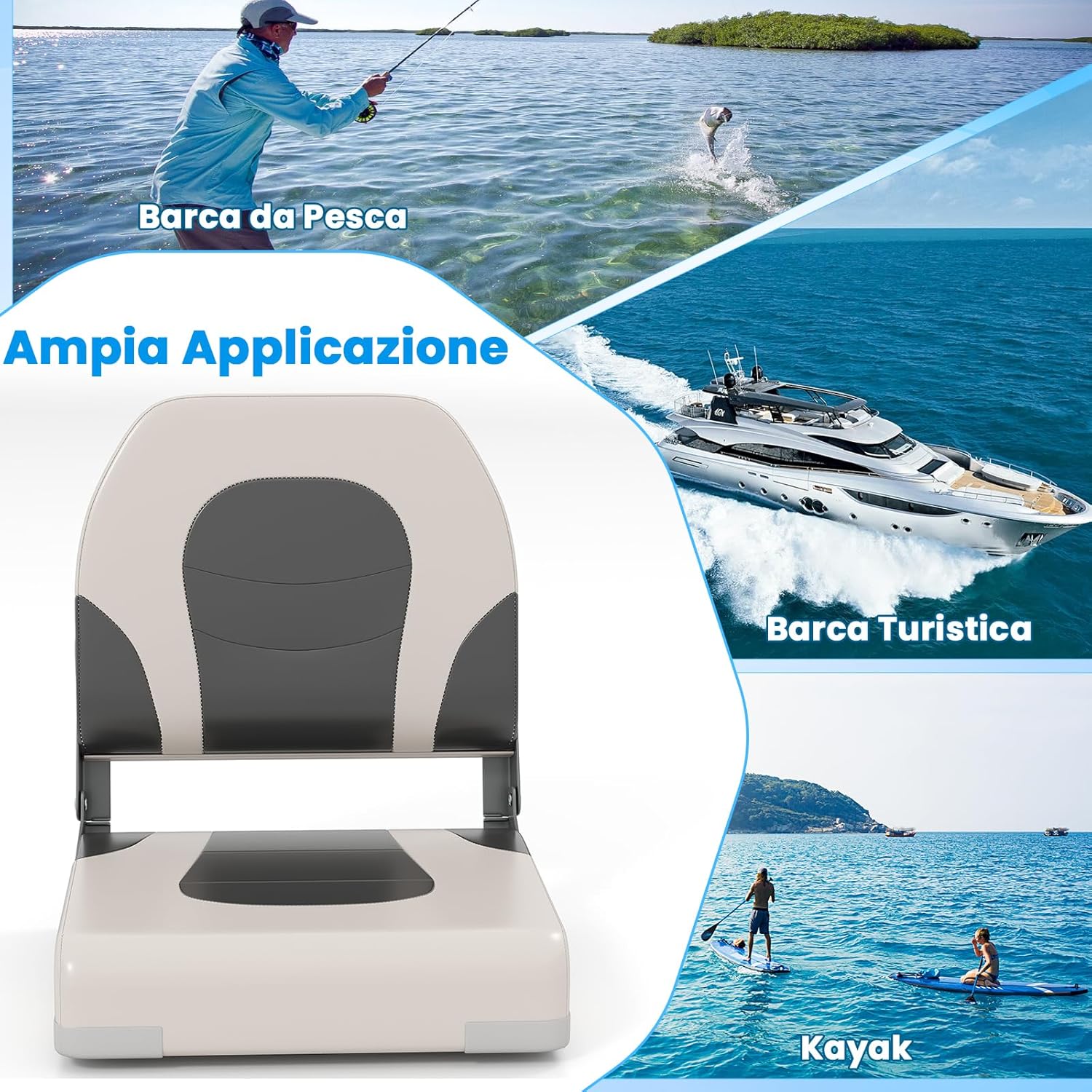 Set di 2 Sedie da Barca, Sedili da Barca Pieghevole Morbide Imbottite Spesse, Sedile Nautica Ergonomico per Imbarcazioni da Pesca, 51 x 42 x 49 cm, Bianco e Girigio