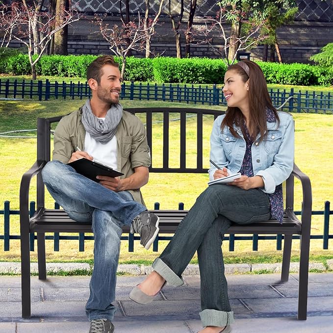 Panchina da Esterno, Panca in Metallo con Schienale Squisito, Braccioli Ergonomici e Sedile Ampio, Panchina da Giardino, Balcone e Cortile, Portata 280 kg (Righe)