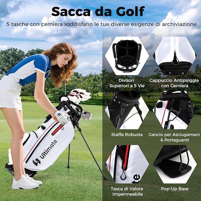Set Completo di Mazze da Golf con Sacca a Treppiede, Include con Driver 1 da 460CC, Legno 3, Ibrido, Ferri 5, 6, 7, 8, 9, P, S, Putter e Copertura Antipioggia per Destrimani