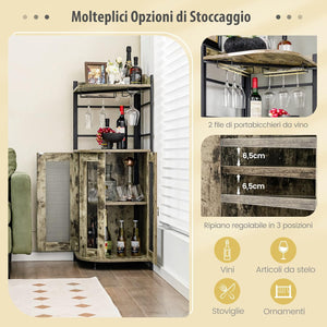 Mobile Bar Angolare, Mobiletto Multiuso con Porta Bicchieri, 2 Porte Ventilate in Rete Metallica e Ripiano Regolabile, per Cucina, Sala da Pranzo e Soggiorno (Marrone Rustico)