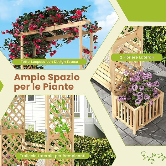 Arco da Giardino in Legno con Panchina, Traliccio per Piante Rampicanti con Fioriera e Panca per 2 Persone, Ideale per Patio, Giardino e Parco