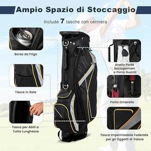 Borsa da Golf a 8 Vie, Borsa da Golf Portatile Leggera da 2 kg con Separatori Superiori, 7 Tasche, Borsa Frigo e Cappuccio Antipio