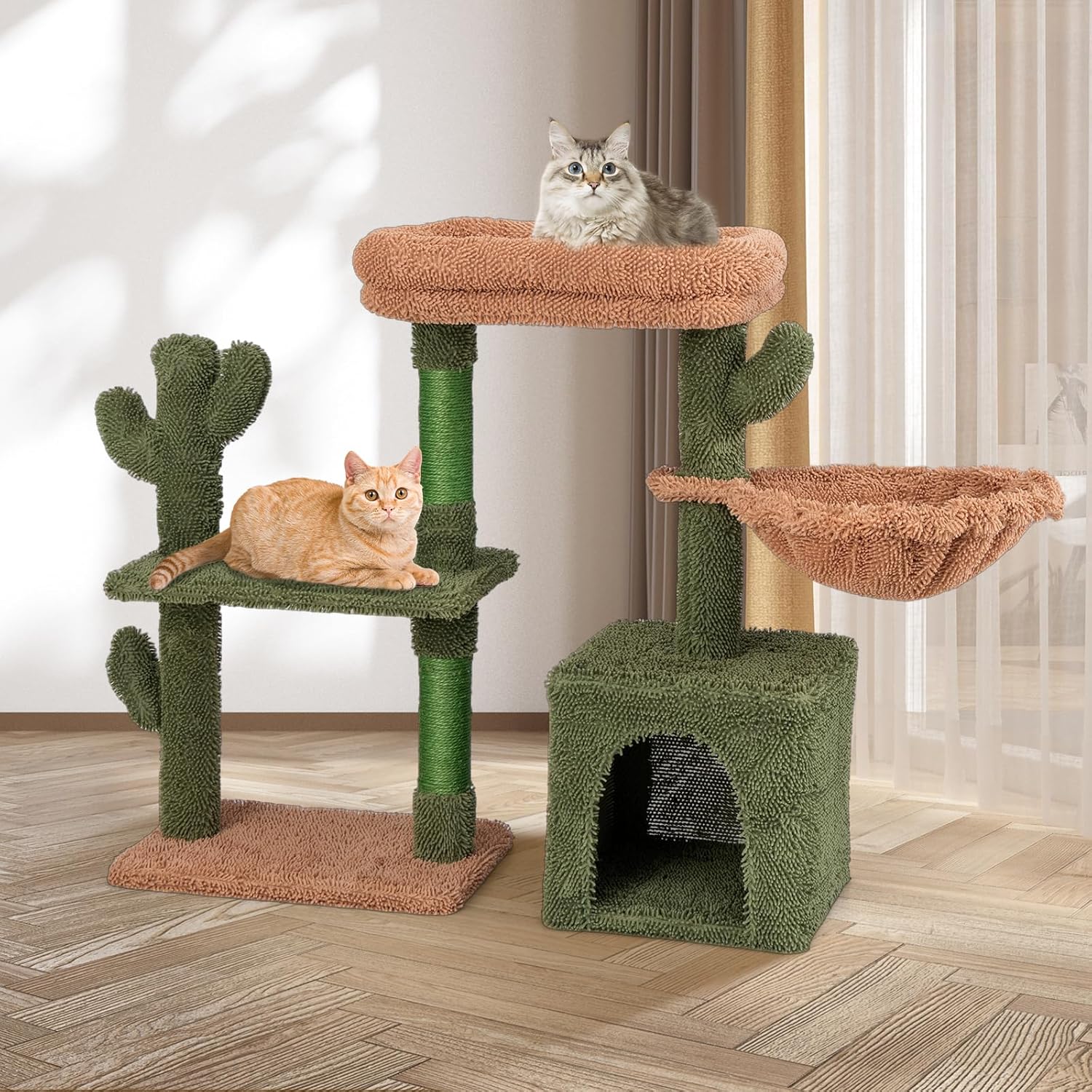 Tiragraffi per Gatti Moderno, Torre per Gatti Estetica a Forma di Cactus con Ripiano, Condo, Amaca, Posti per Graffi in Sisal e Cuscino Lavabile, Albero per Gatti Adulti e Cuccioli