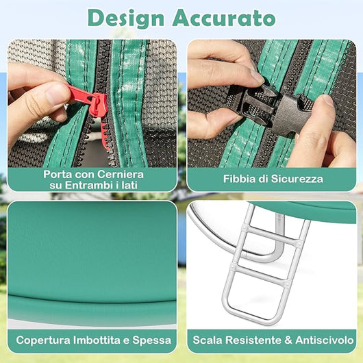 Trampolino Elastico per Bambini e Adulti 244 cm/305 cm/366 cm, Tappeto Elastico da Esterno con Rete di Sicurezza, Scala e Telaio in Acciaio Zincato Antiruggine