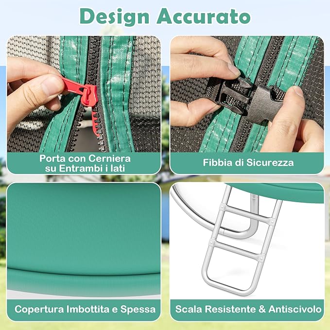 Trampolino Elastico per Bambini e Adulti 244 cm/305 cm/366 cm, Tappeto Elastico da Esterno con Rete di Sicurezza, Scala e Telaio in Acciaio Zincato Antiruggine