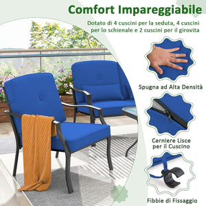 4 Pezzi Set di Mobili da Giardino, con Cuscini e Tavolino in Vetro Temperato, Struttura in MetalloSet di Divani da Esterno per Giardino Cortile e Piscina (Blu)
