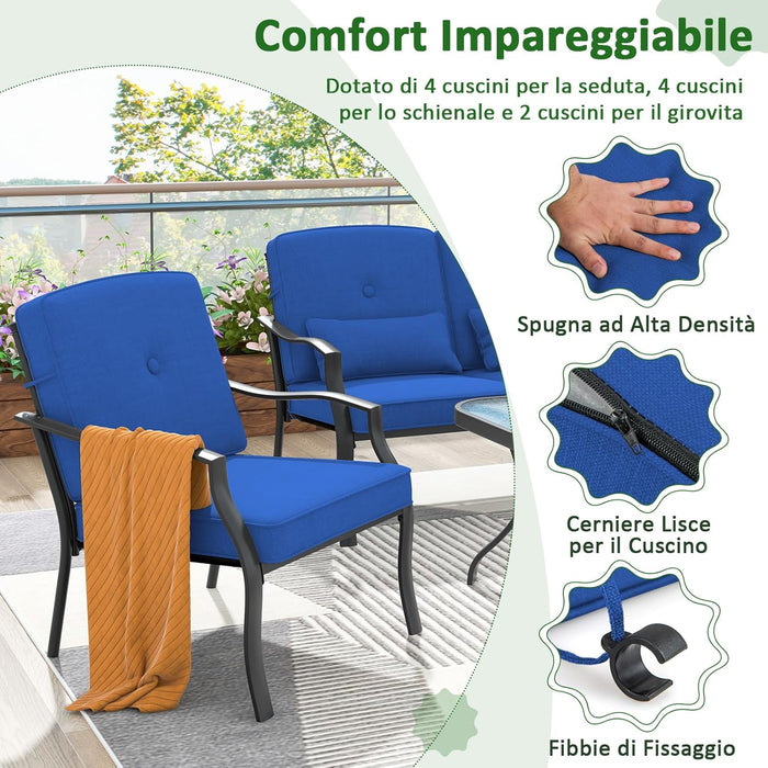 4 Pezzi Set di Mobili da Giardino, con Cuscini e Tavolino in Vetro Temperato, Struttura in MetalloSet di Divani da Esterno per Giardino Cortile e Piscina (Blu)