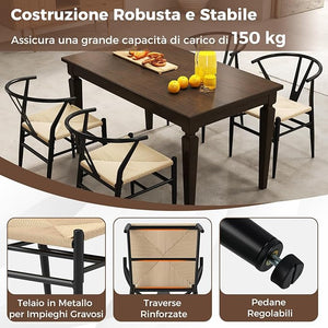 Set di 2 Sedie Sala da Pranzo, Sedie Moderna in Metallo con Seduta Intrecciato, Schienale a Forma di Y e Braccioli, Poltrone per Ufficio, Cucina e Ristorante, 46 x 59 x 73 cm (Nero e Naturale)