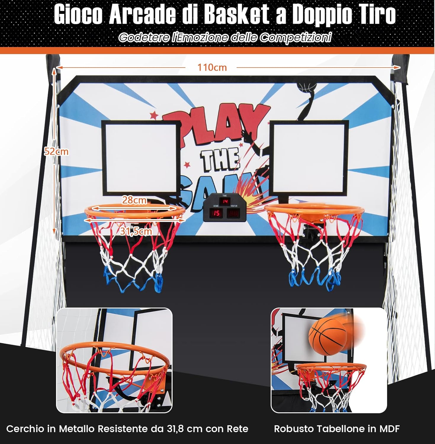 Macchina da Pallacanestro Elettronica, Canestro Basket da Camera a Doppio Tiro Pieghevole con Punteggio Elettronico, 4 Palle, 8 Modalità di Gioco e 2 Canestri (Bianco)