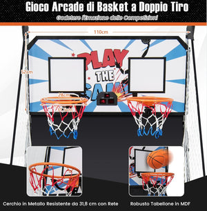 Macchina da Pallacanestro Elettronica, Canestro Basket da Camera a Doppio Tiro Pieghevole con Punteggio Elettronico, 4 Palle, 8 Modalità di Gioco e 2 Canestri (Bianco)